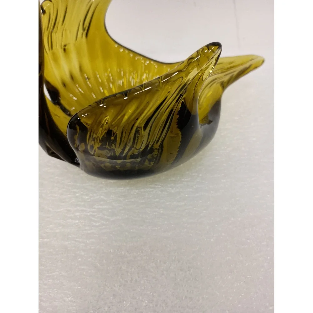 Vintage Olive Green Art Glass Swan Bowl MCM Decor Ribbed Candy Dish